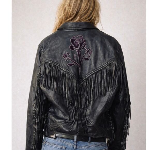 Vintage Black Leather Fringe Motorcycle Jacket with Embroidery Large - Picture 2 of 12